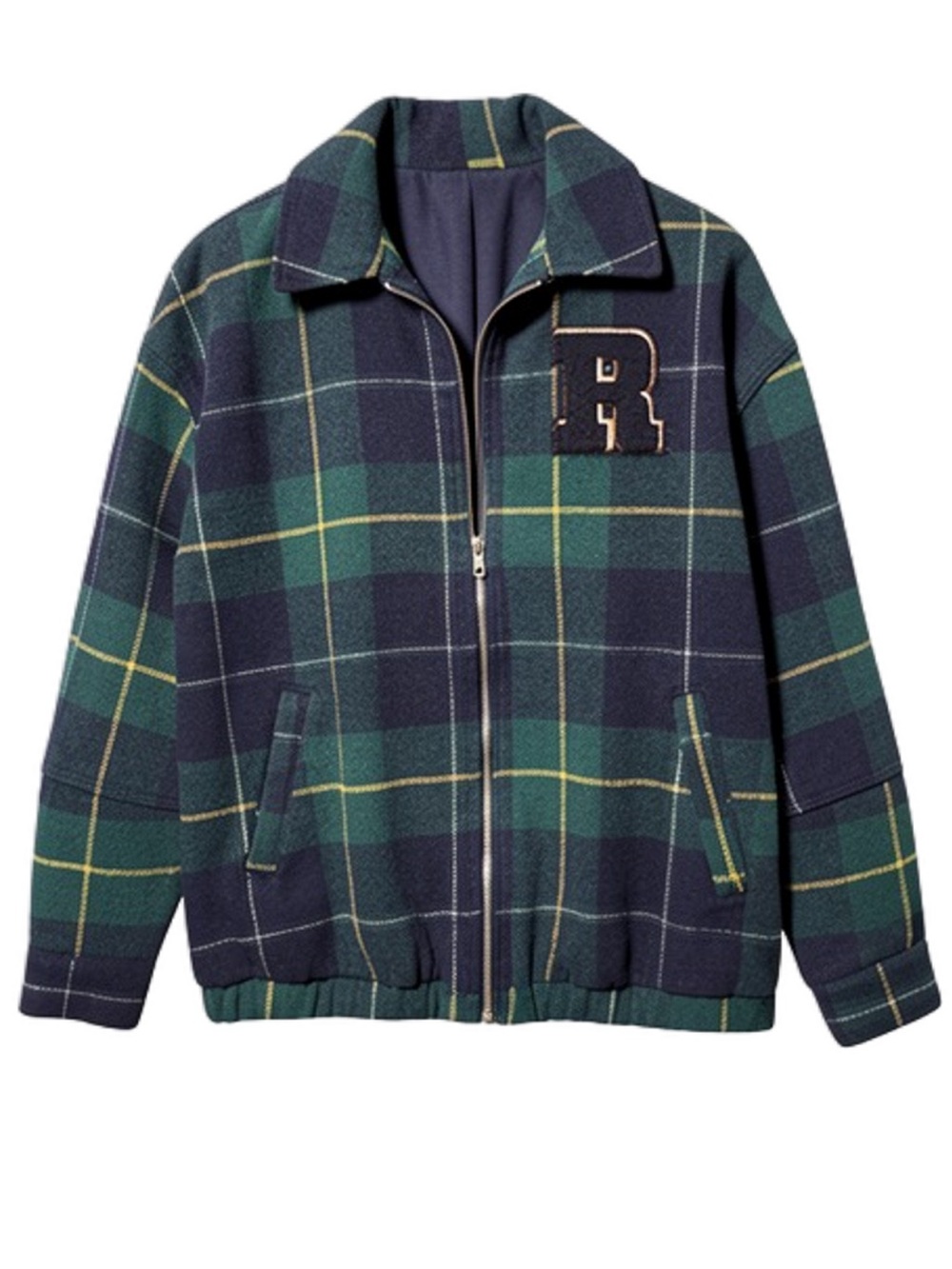 Green Navy Plaid Bomber Jacket Zip Front R Patch